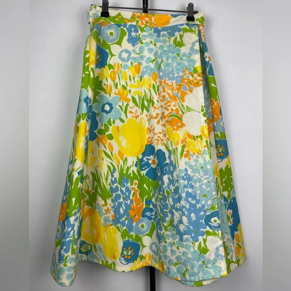 Vintage Blue‎ Yellow White Floral A-Line Wrap Skirt - Picture 2 of 8
